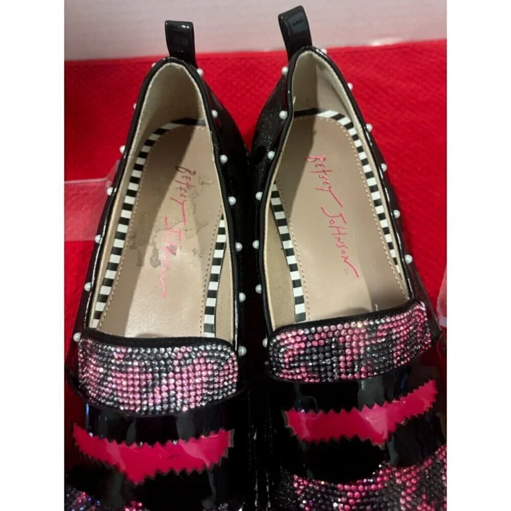 Betsey Johnson Pink and Black Houndstooth Patent Penny Loafers